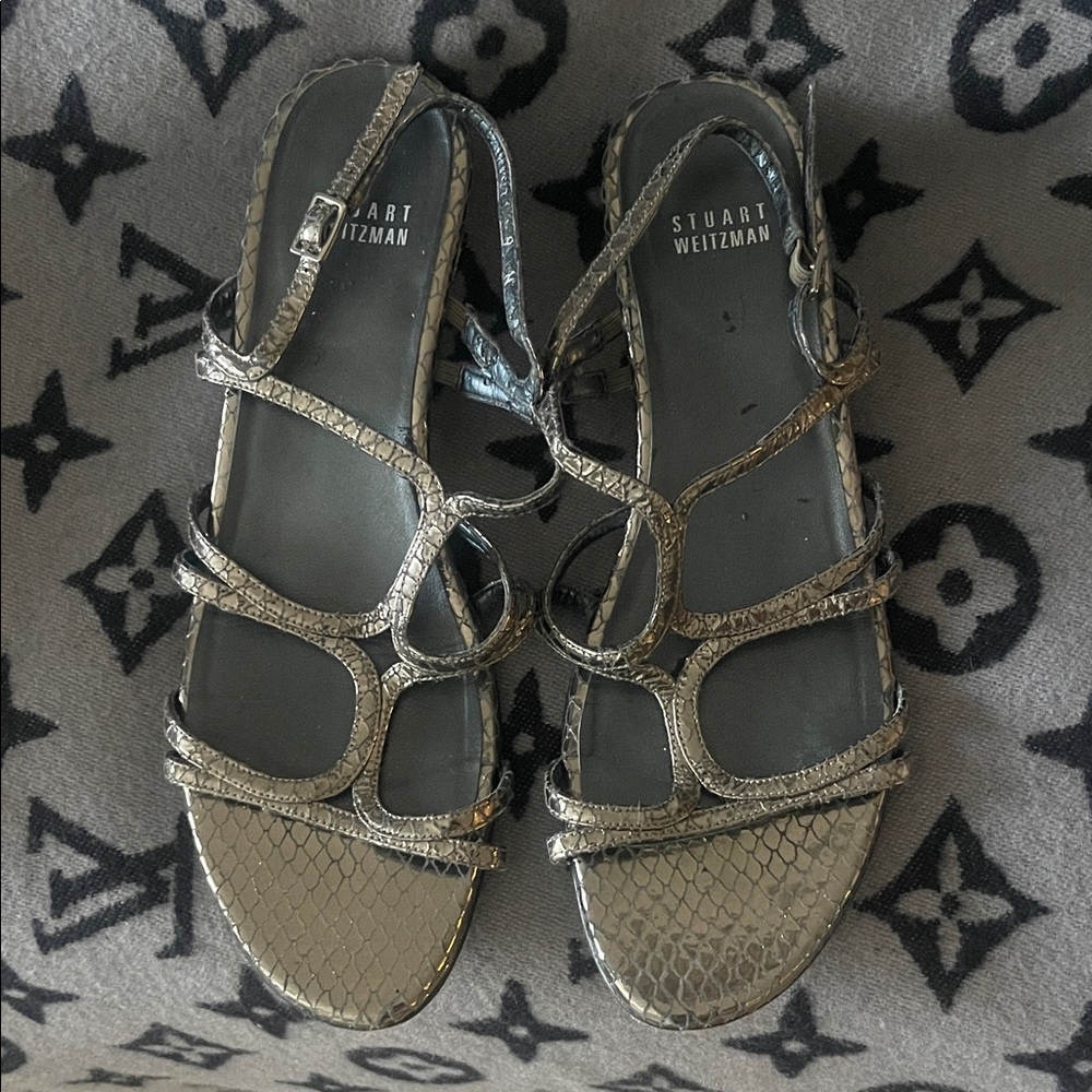 Stuart Weitzman Silver Metallic Snake-Embossed Strappy Sandals